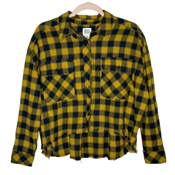 BDG Yellow and Black Plaid High Low Raw Hem Boxy Fit Long Sleeve Button Down Top - Picture 1 of 11